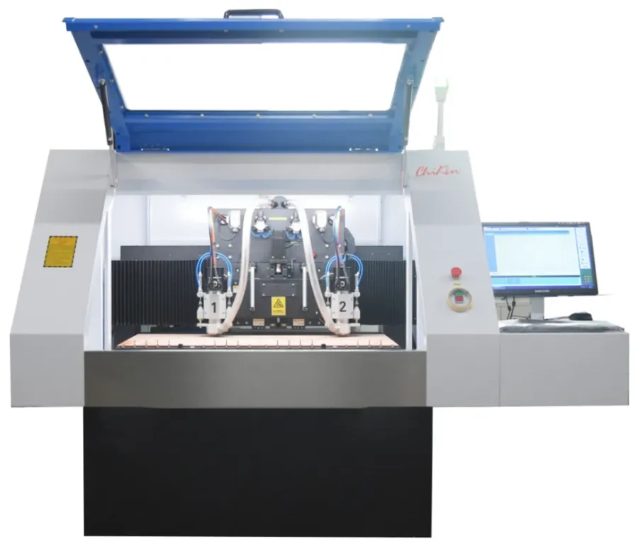 A CNC drilling machine drilling holes on a printed circuit board.