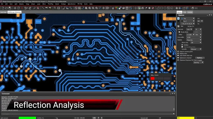 A detailed view of Cadence Allegro PCB design software window with a board layout on display.