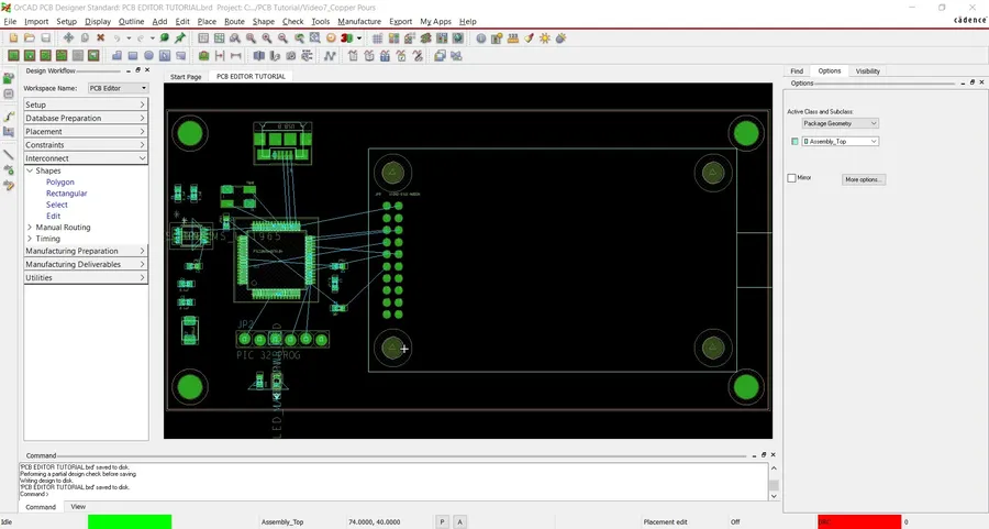 Screenshot of OrCAD PCB design software showing a board layout.