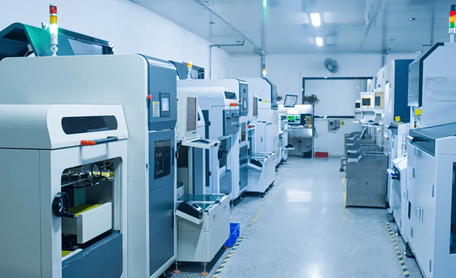 A view of the JLCPCB assembly line with automated machinery.