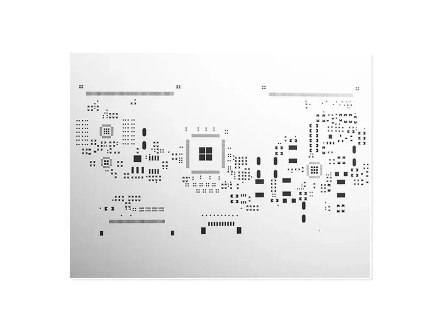 A laser cutting machine creating openings on a PCB stencil.