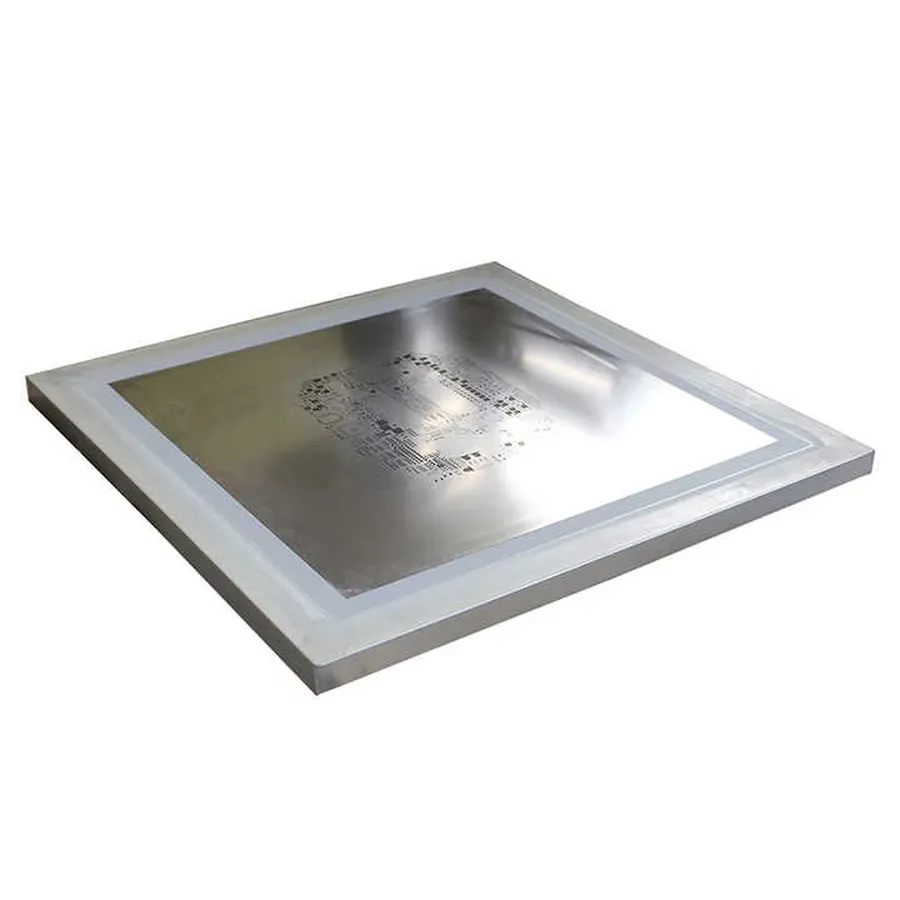 A PCB stencil made of stainless steel.