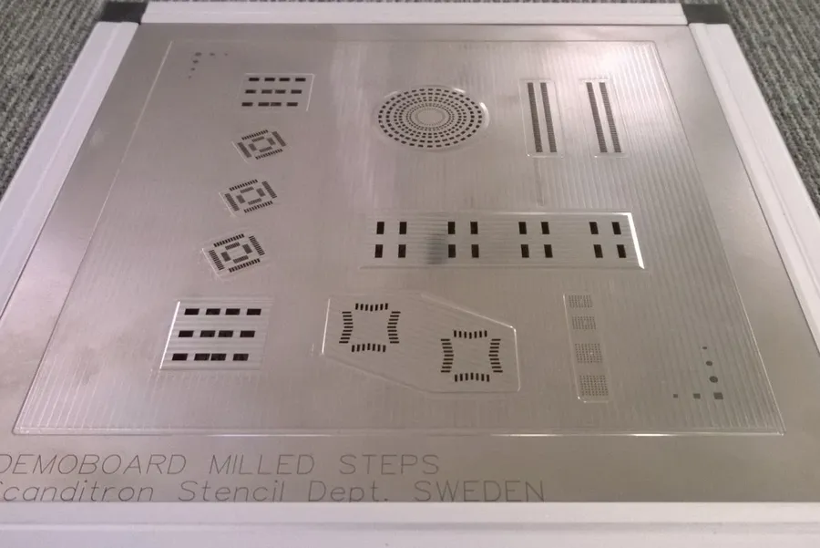 A step-up PCB stencil with different thickness areas.