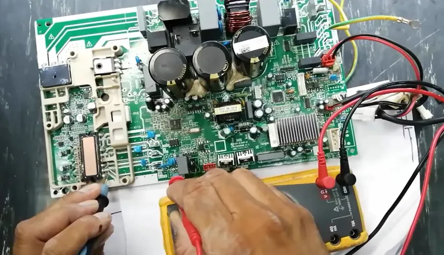 A close-up view of an air conditioner PCB.
