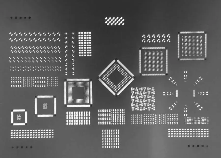 A close-up of SMT stencil used in PCB assembly.