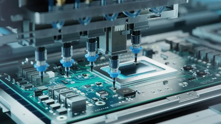A manufacturing line with PCBs being processed.