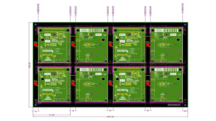 A panel of PCBs, showing multiple boards on a single panel.