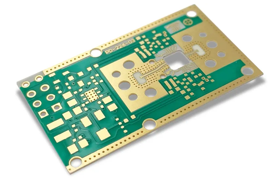 A completed Rogers PCB with components mounted.