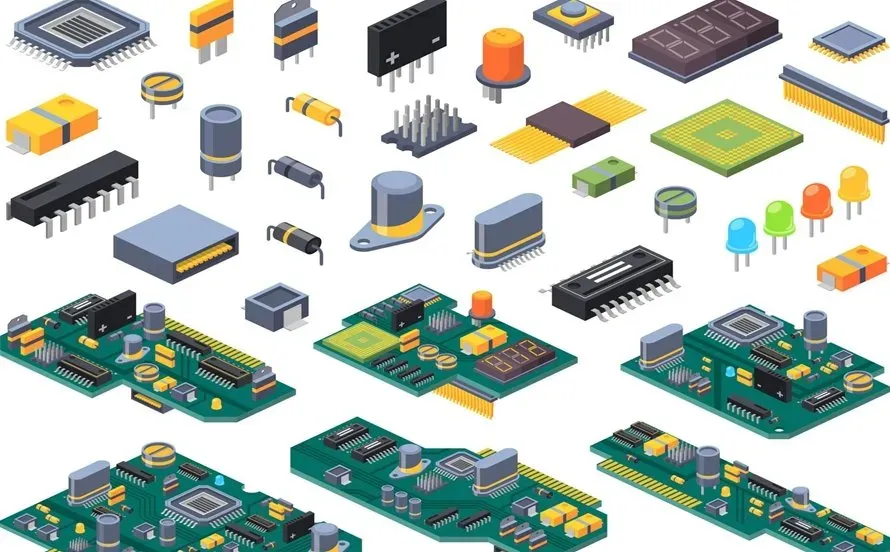 A close-up of various electronic components on a PCB.