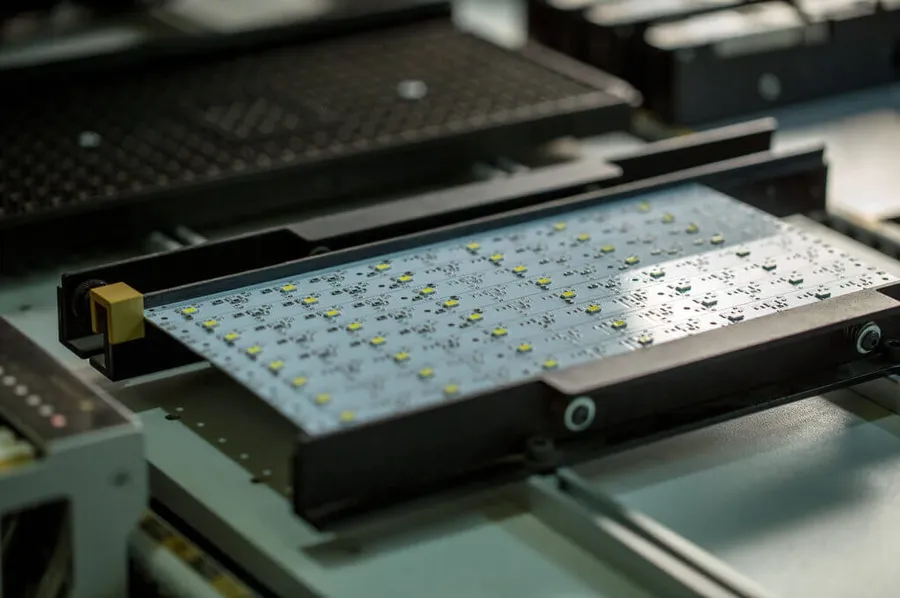 A factory scene with PCB manufacturing equipment.