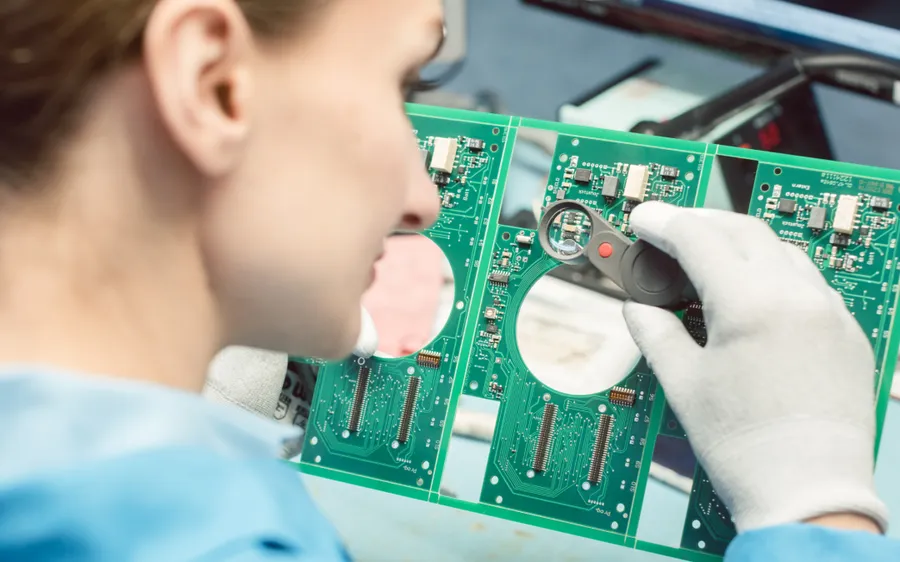 PCB being checked for defects using optical inspection.