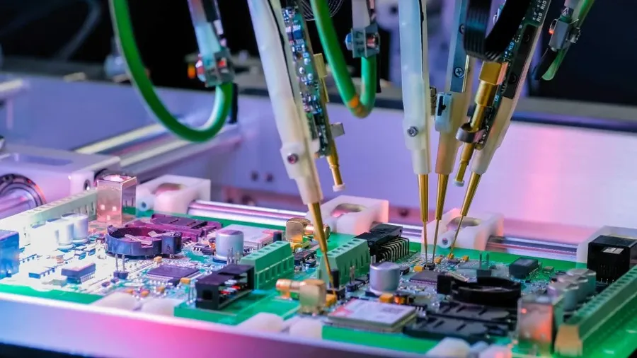 A close-up of an aerospace-grade printed circuit board with intricate designs and components.