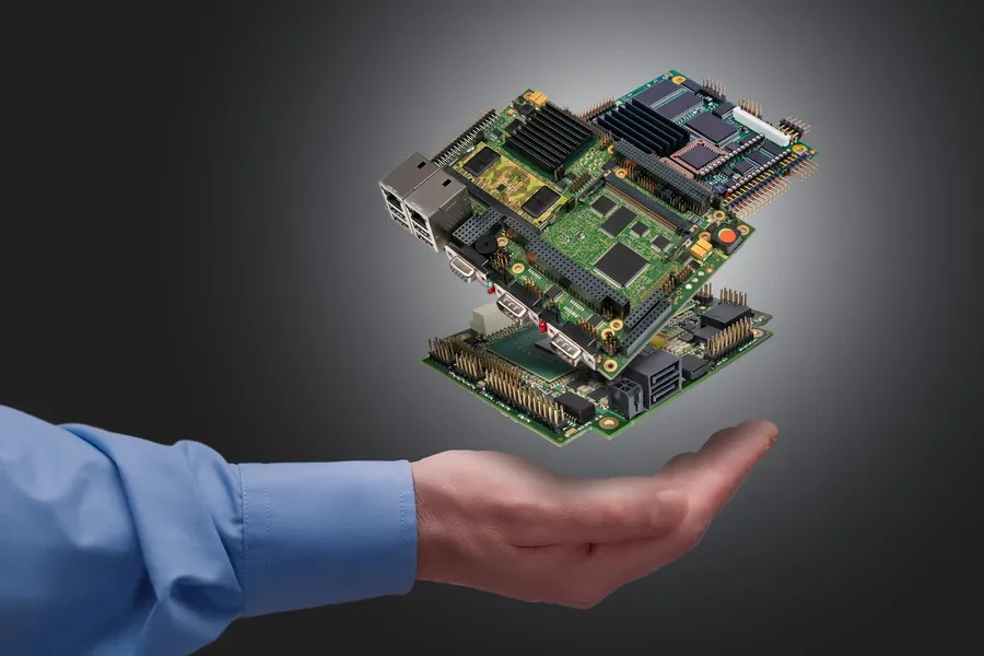 A PCB with various components embedded within its layers.