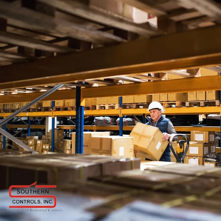 A warehouse shelf full of boxes of electronic components.