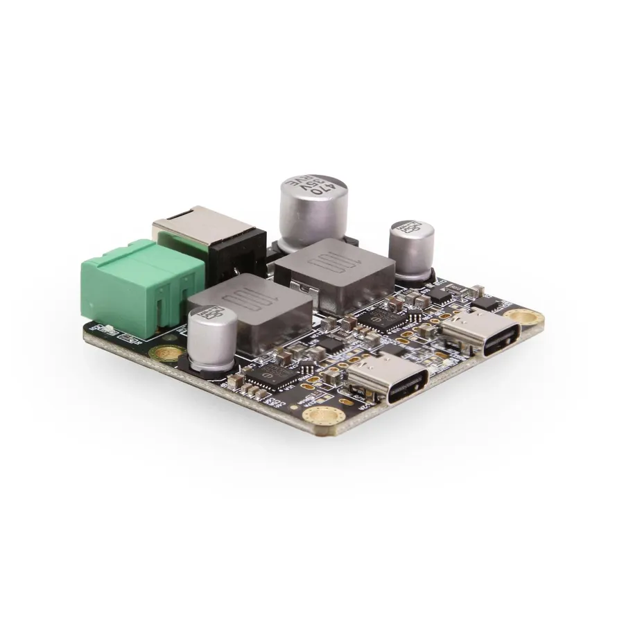 A close-up of a charger PCB board with various components.