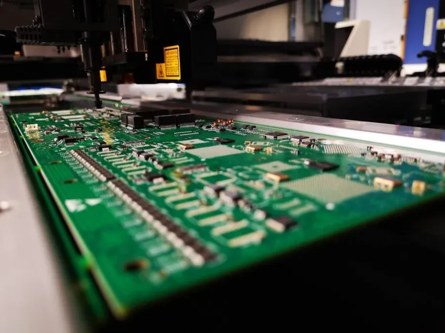 A large batch of HDI PCBs being manufactured on an assembly line.