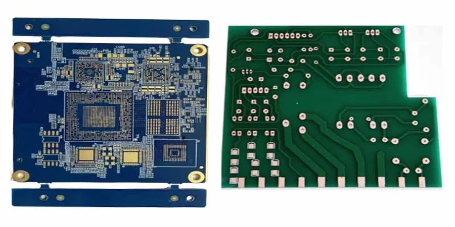 A side-by-side comparison of a standard PCB and an HDI PCB, showing the difference in complexity.