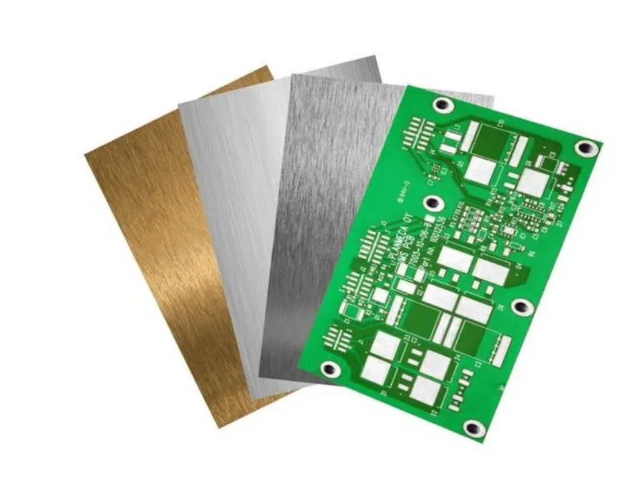 A close-up of various Isola PCB materials showcasing their textures and colors.
