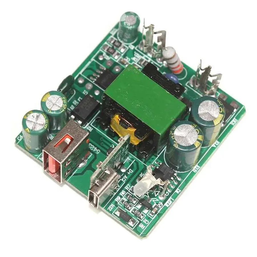 A close-up view of a mobile charger PCB.