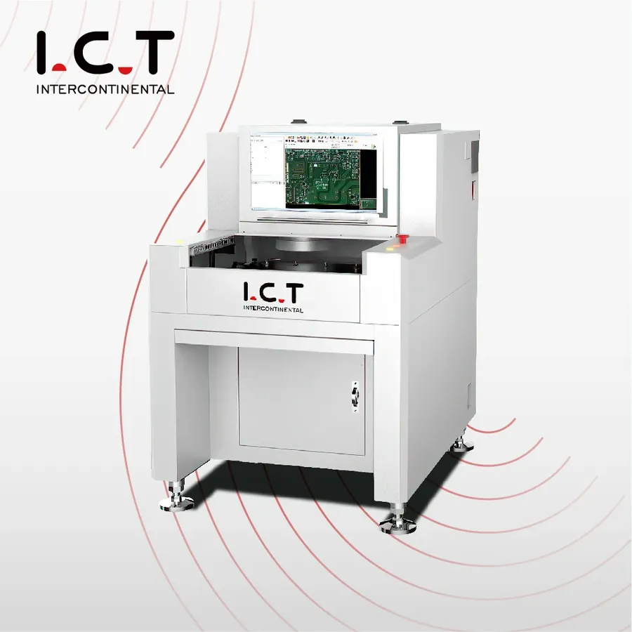 Automated optical inspection (AOI) system examining a PCB.