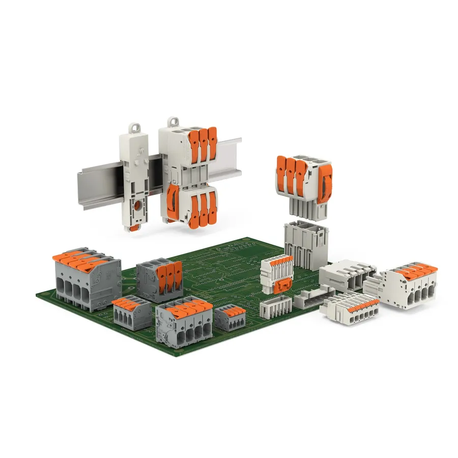 A selection of different PCB terminal blocks laid out on a table.