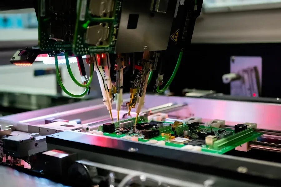 PCB being tested with electronic test equipment.