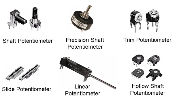 Various potentiometers from different brands shown side by side.