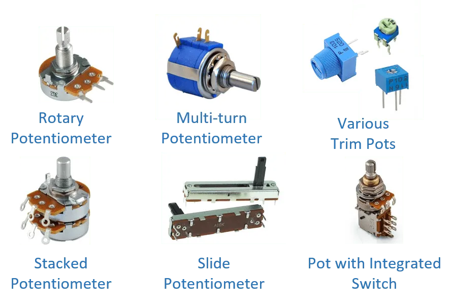 Several different types of potentiometers shown together.