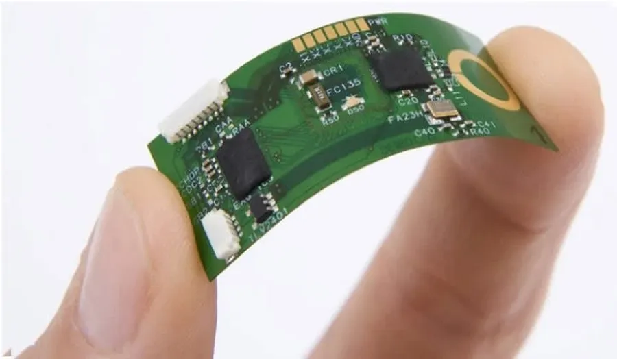 A close-up of a flexible PCB showing its bendable nature.