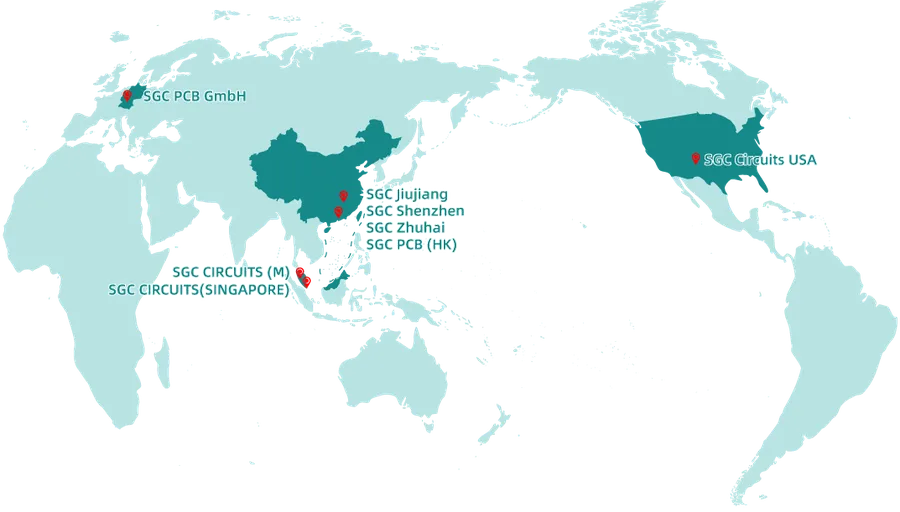 A world map highlighting locations of PCB factories.