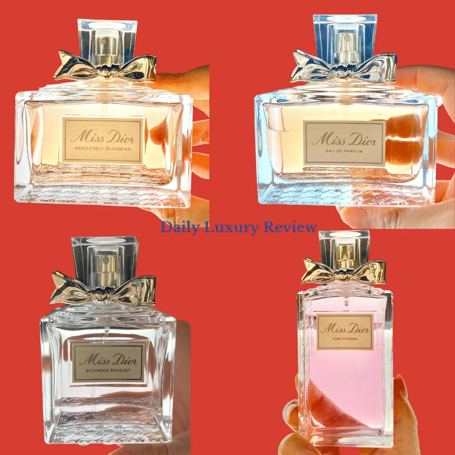 A collection of various Miss Dior perfume bottles.