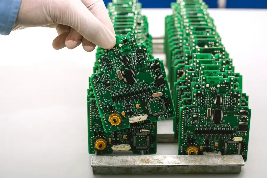 A top-down view of a fully assembled circuit card.