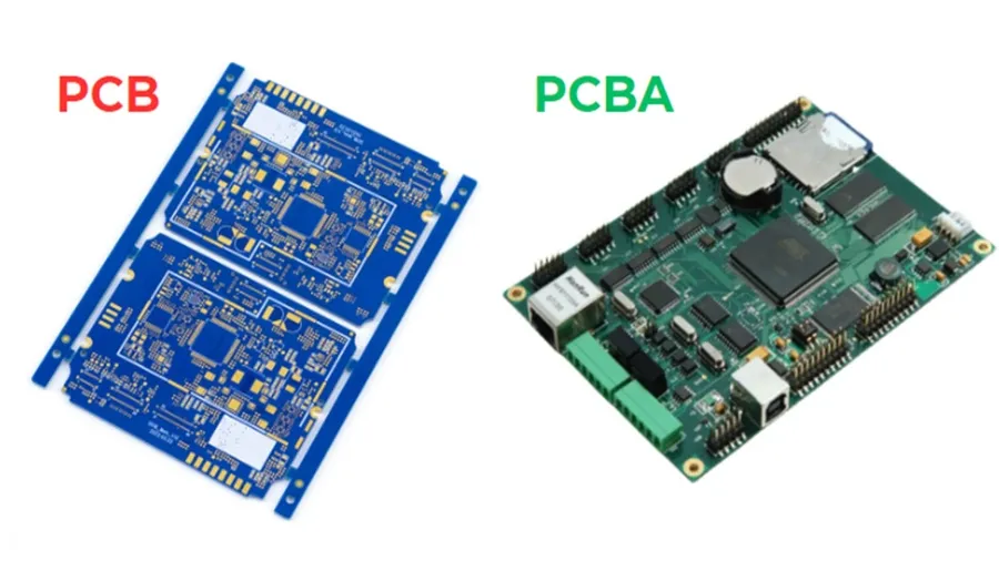 A comparison image showing a bare PCB alongside a fully assembled PCBA.