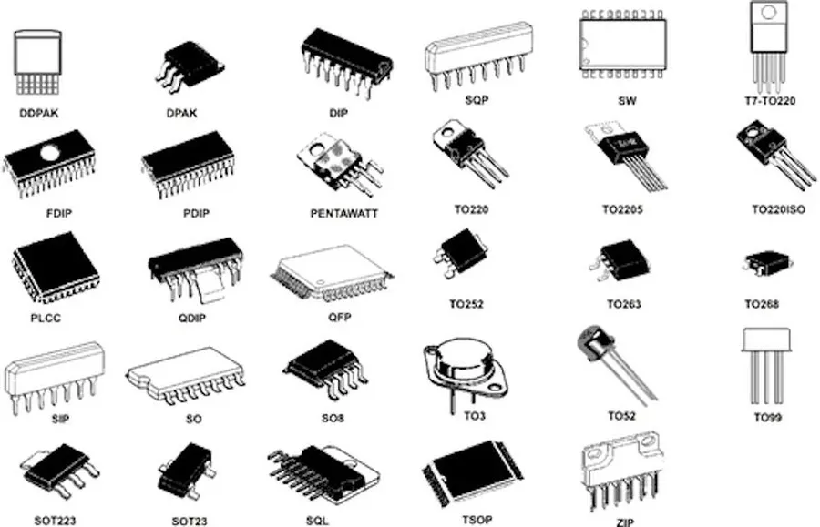 A close-up of various transistor packages.