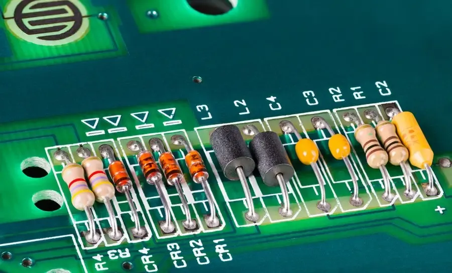 A circuit board with resistors soldered in place.