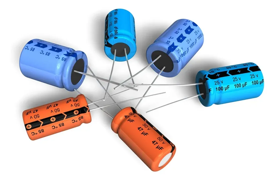 A close-up of various electrolytic capacitors.