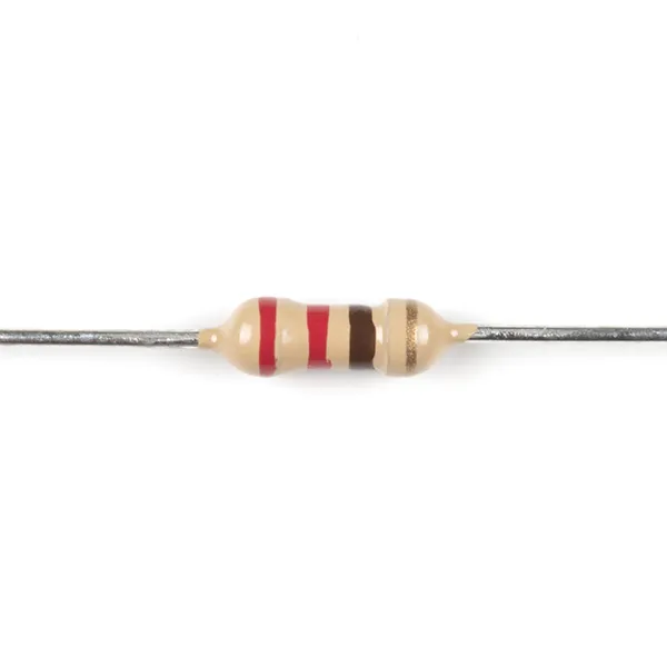A close-up of a 220 ohm resistor with color bands.