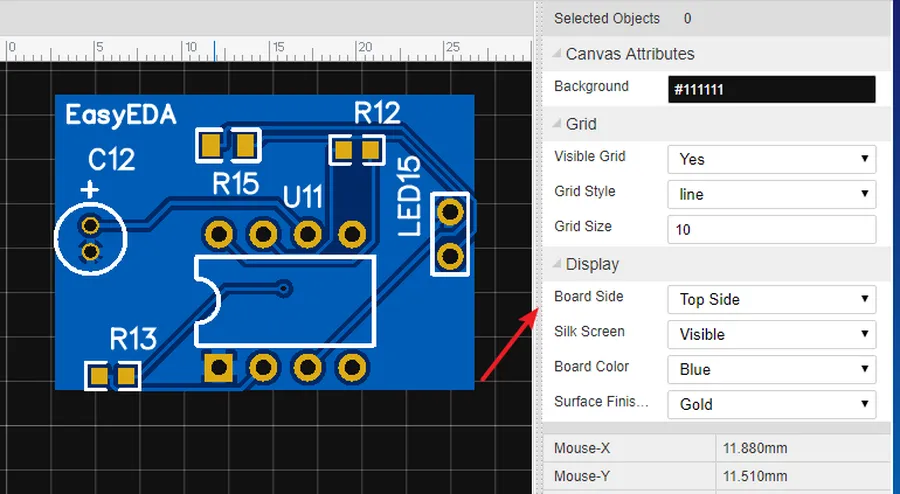 A PCB layout view within the EasyEDA software.