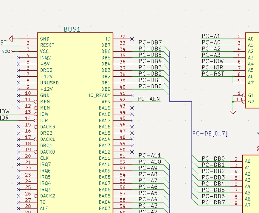 A KiCad schematic diagram showing electronic components connected with wires.