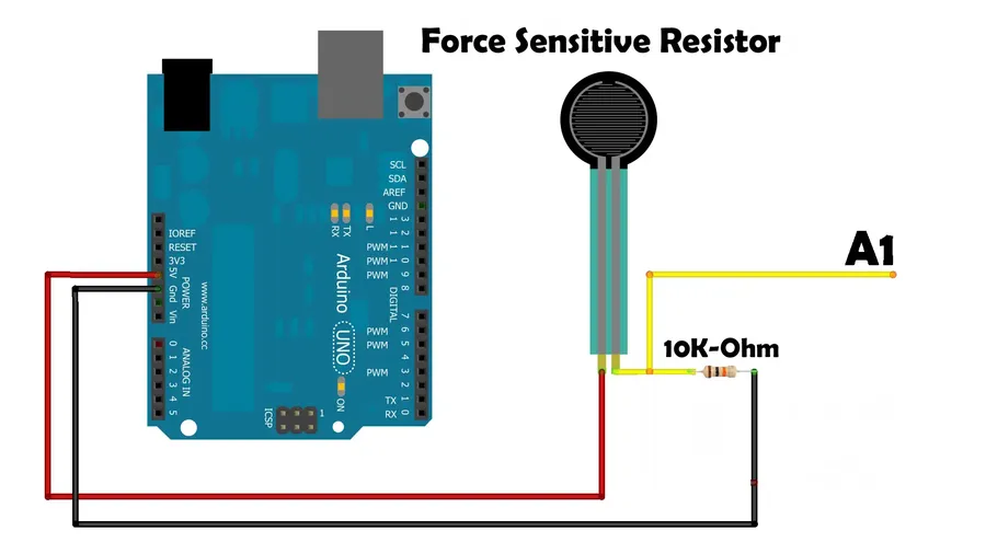 Schematic diagram of a force sensing resistor circuit.