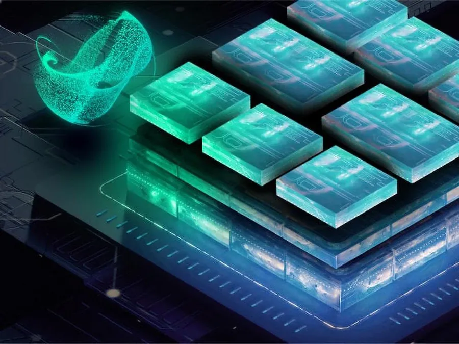 Conceptual image of a futuristic integrated circuit or chip with advanced features.