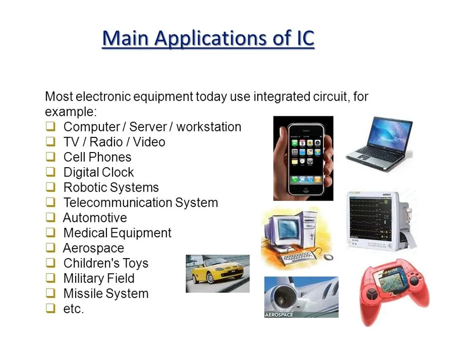 Examples of devices using integrated circuits, such as smartphones, laptops and cars.