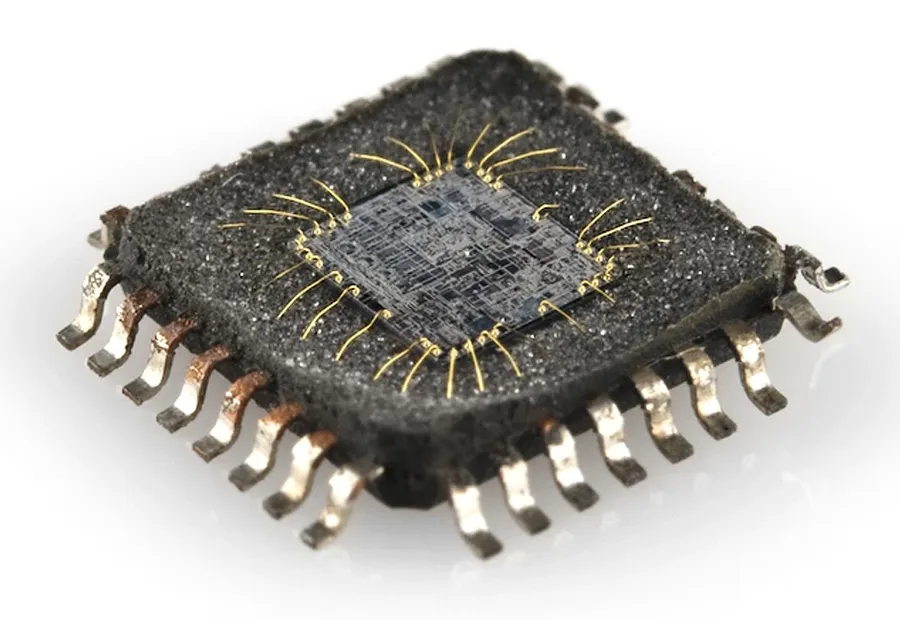 A close-up view of an integrated circuit chip.