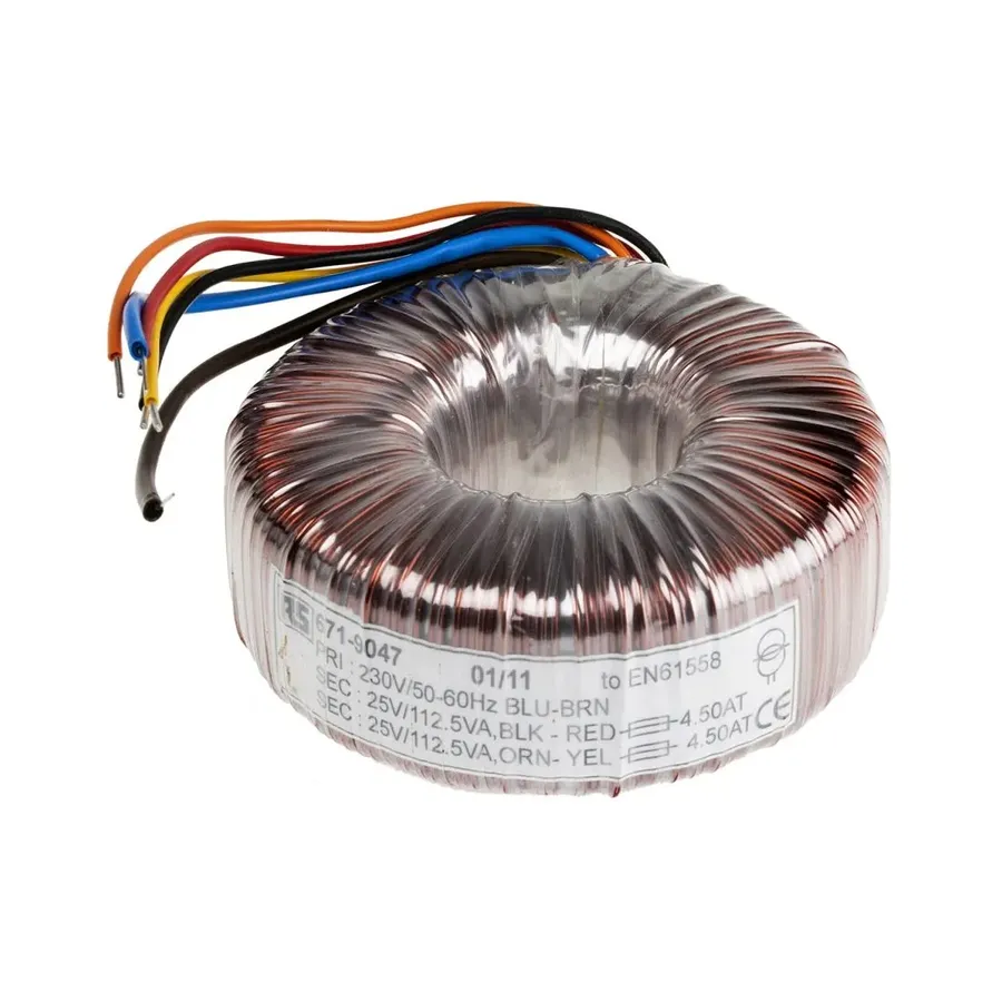 A toroidal transformer showing its circular shape.