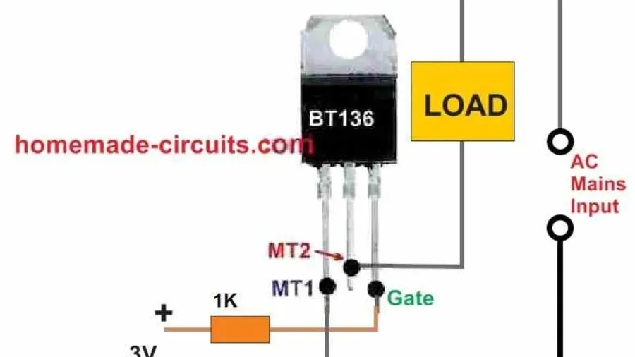 A diagram showing the pinout of a typical TRIAC.