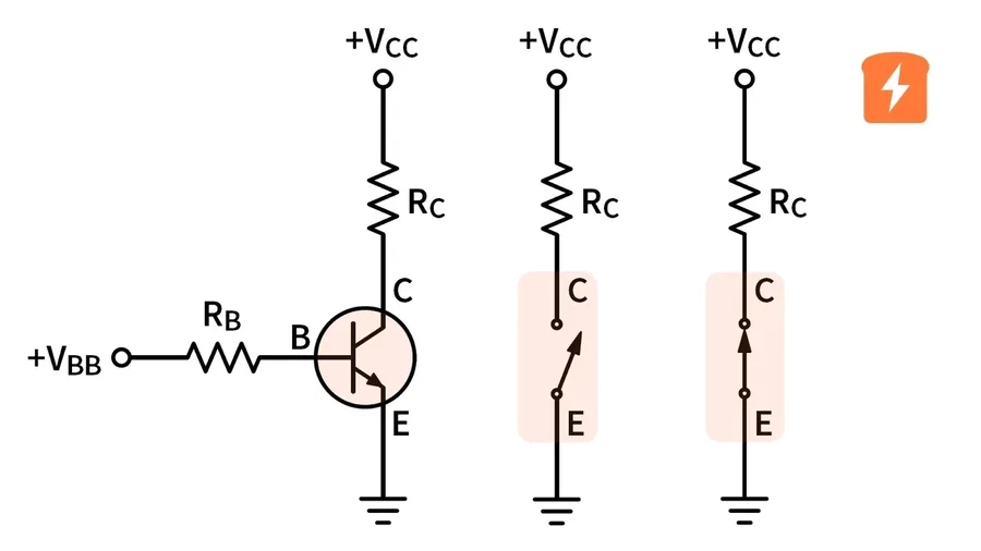A circuit diagram illustrating how an NPN BJT transistor acts as a switch, controlling current flow to a load.