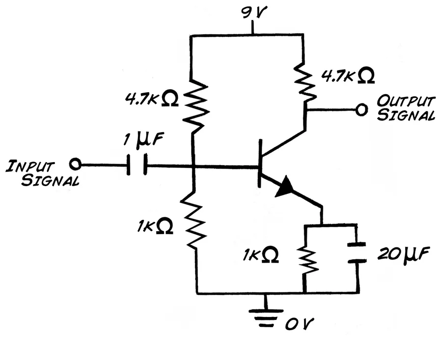 A schematic of an NPN BJT transistor used in a typical amplifier circuit, showing signal input and amplified output.