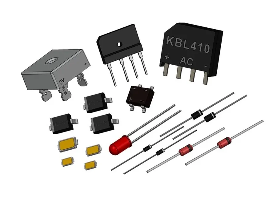 A collection of various PN junction diodes with different packaging.