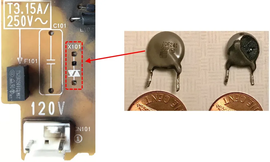 A varistor soldered onto a circuit board.