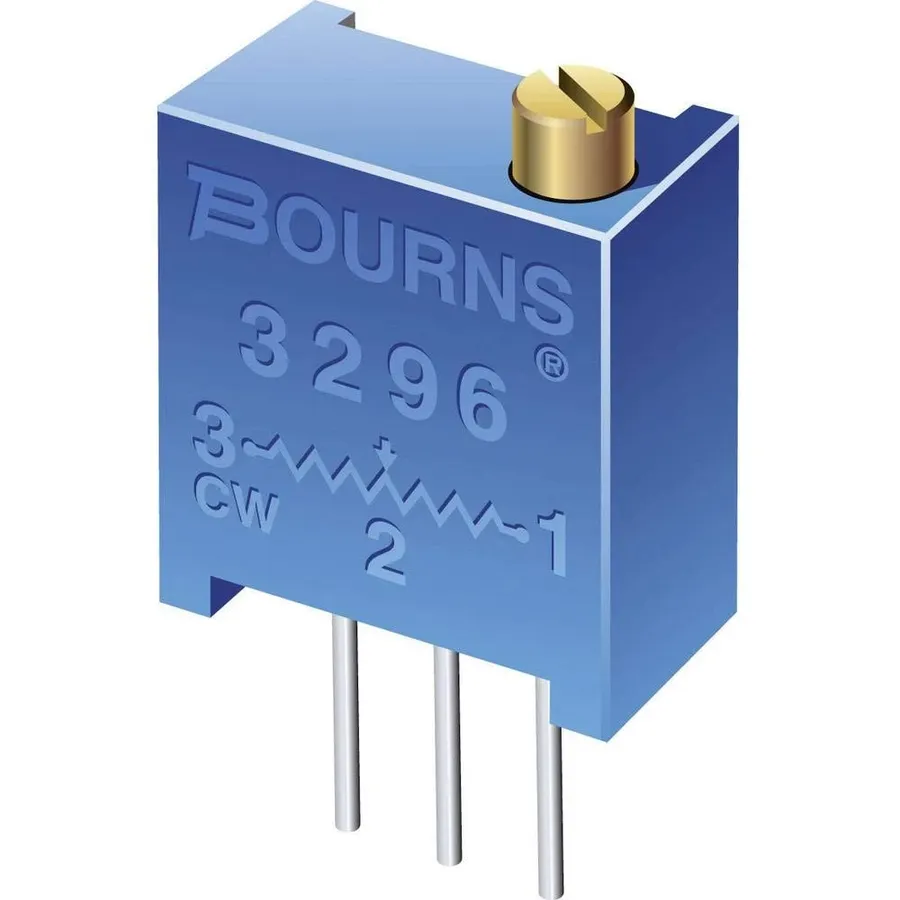 A small trimmer resistor with adjustment screw.